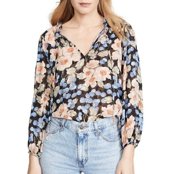 Rebecca Taylor Silk Blend Rose Floral Swirl Print Blouse Blue Peach Black 10